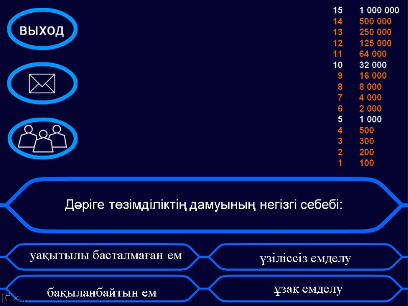 Дәріге төзімділіктің дамуының негізгі себебі: бақыланбайтын ем уақытылы басталмаған ем  үзіліссіз емделу 